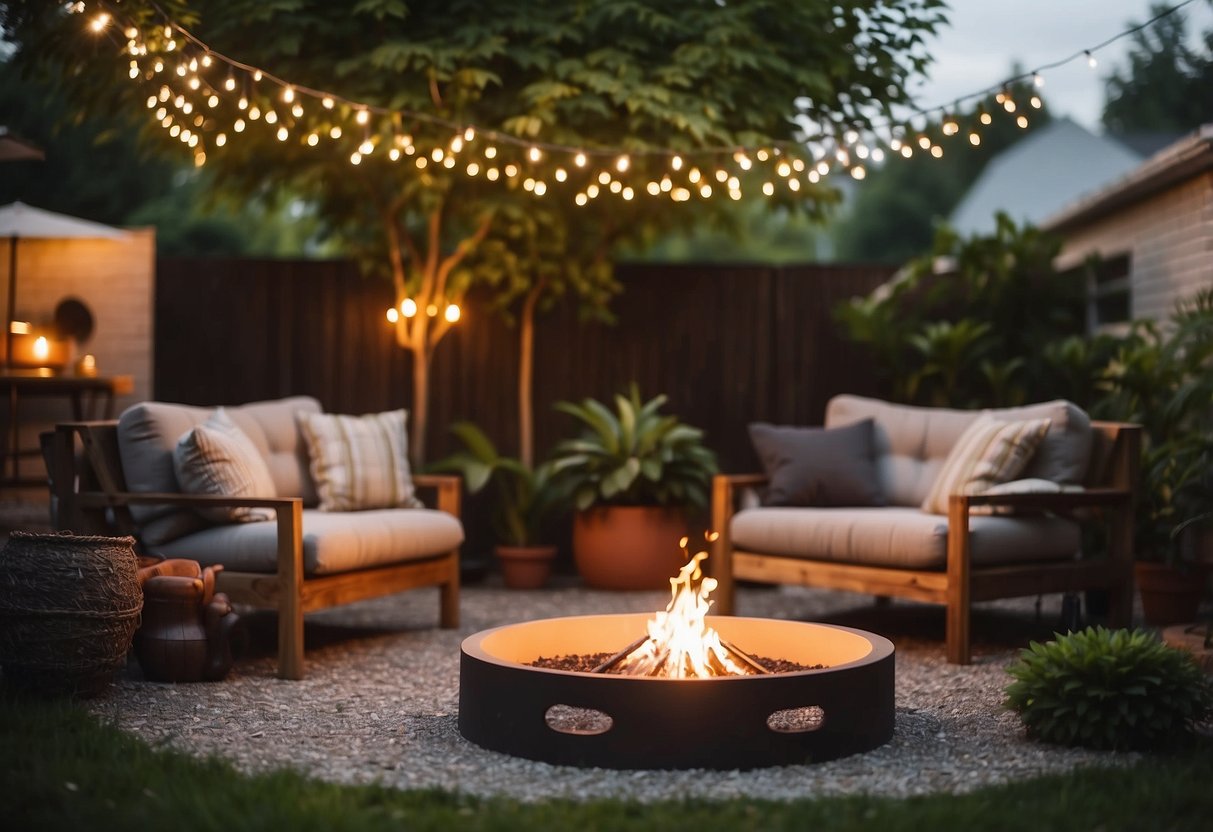 A cozy backyard with a portable fire pit surrounded by comfortable seating, twinkling string lights, and lush greenery