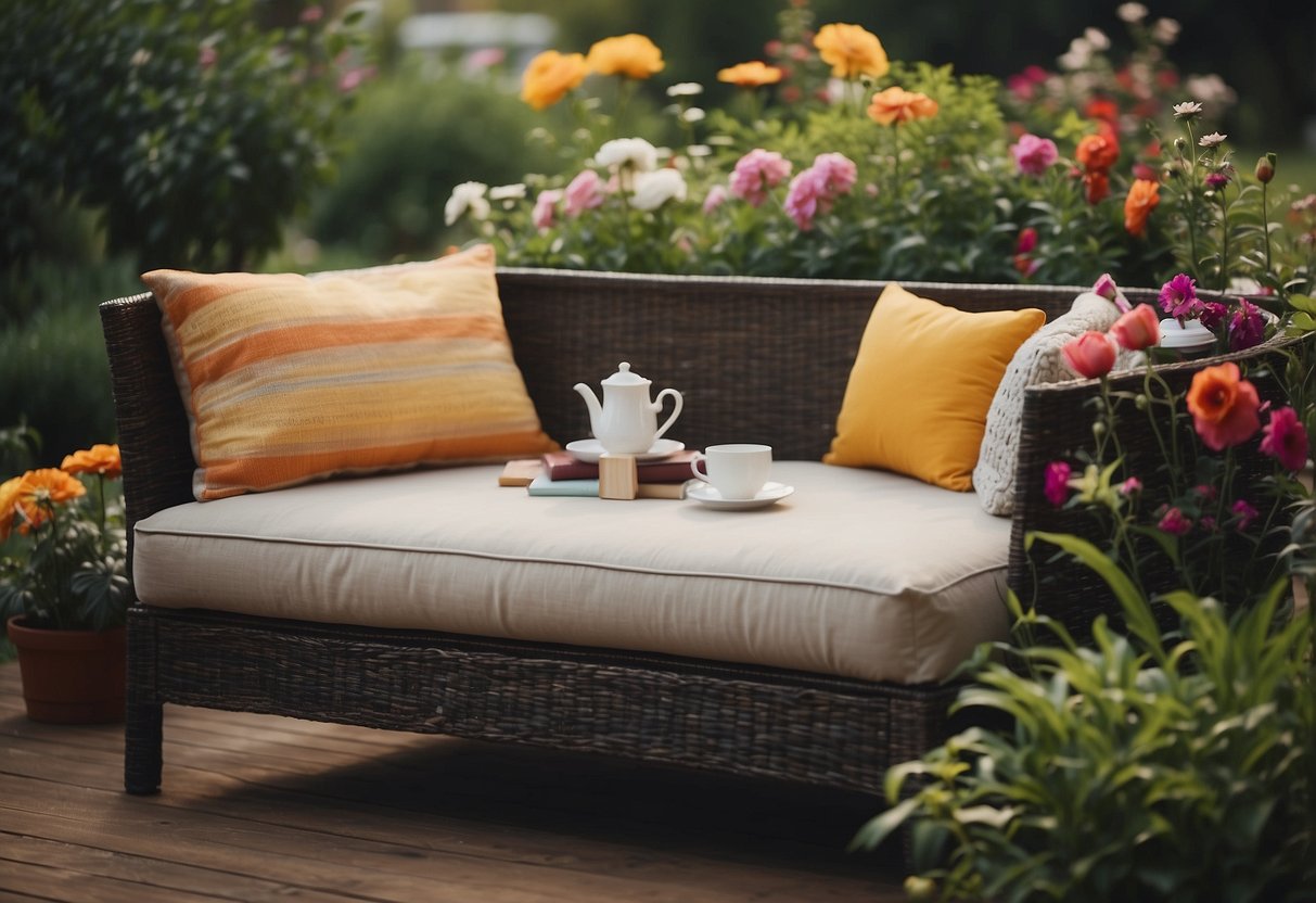 A cozy daybed nestled in a lush garden, surrounded by vibrant flowers and greenery. A small table holds a book and a steaming cup of tea, inviting relaxation