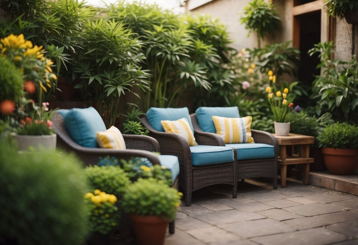 Lush greenery surrounds a cozy seating area with comfy chairs and a small table. Soft lighting creates a relaxing ambiance, while potted plants and colorful flowers add a pop of natural beauty