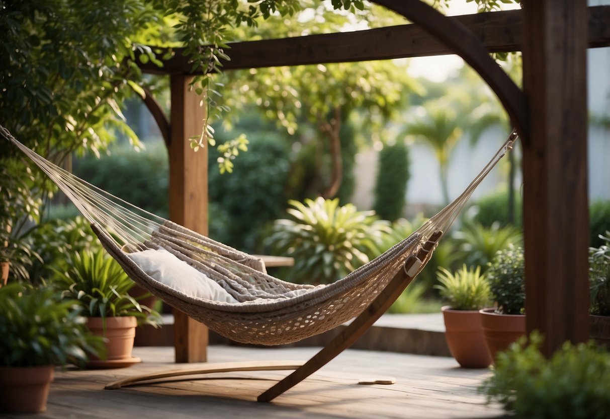 A cozy garden chill zone with a hammock, comfortable seating, potted plants, and soft lighting under a canopy of trees