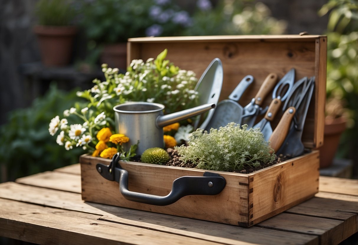 A garden gift basket with a variety of tools: trowel, pruners, gloves, seeds, and a watering can, arranged on a rustic wooden crate