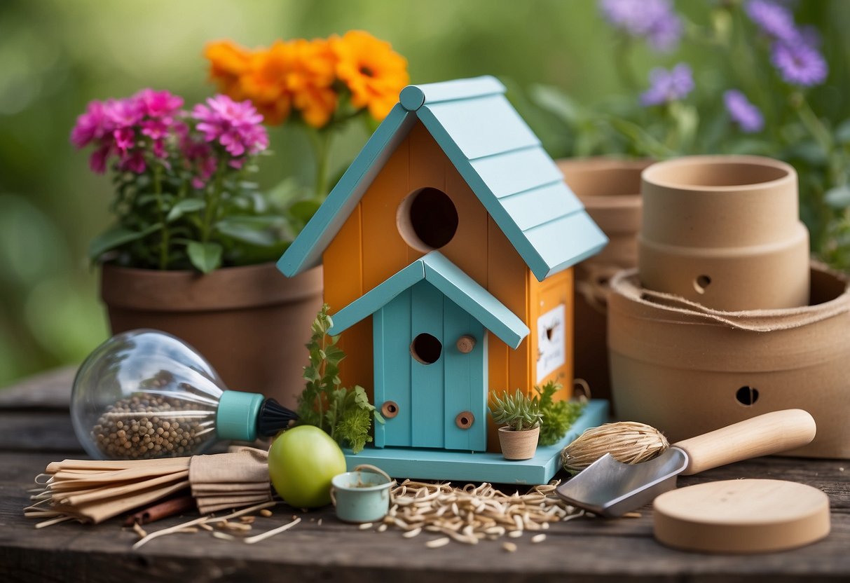 A birdhouse making kit sits in a garden gift basket, surrounded by colorful gardening tools and packets of seeds