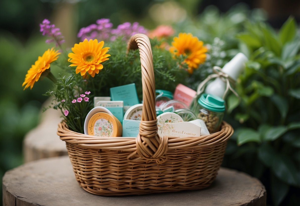 A garden gift basket filled with ceramic plant markers, nestled among colorful flowers and lush greenery