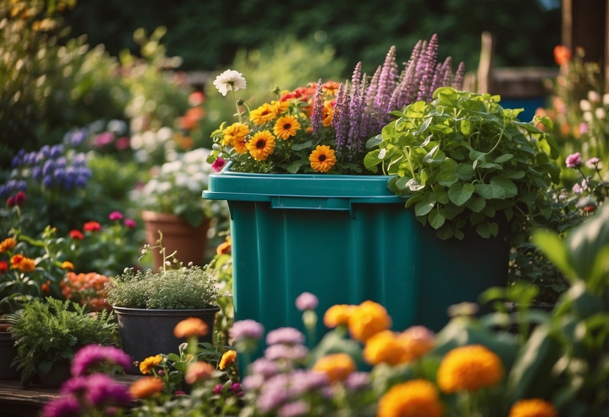 A lush garden with a compost bin surrounded by colorful flowers, herbs, and vegetables. A basket filled with gardening tools, seeds, and organic fertilizers sits nearby