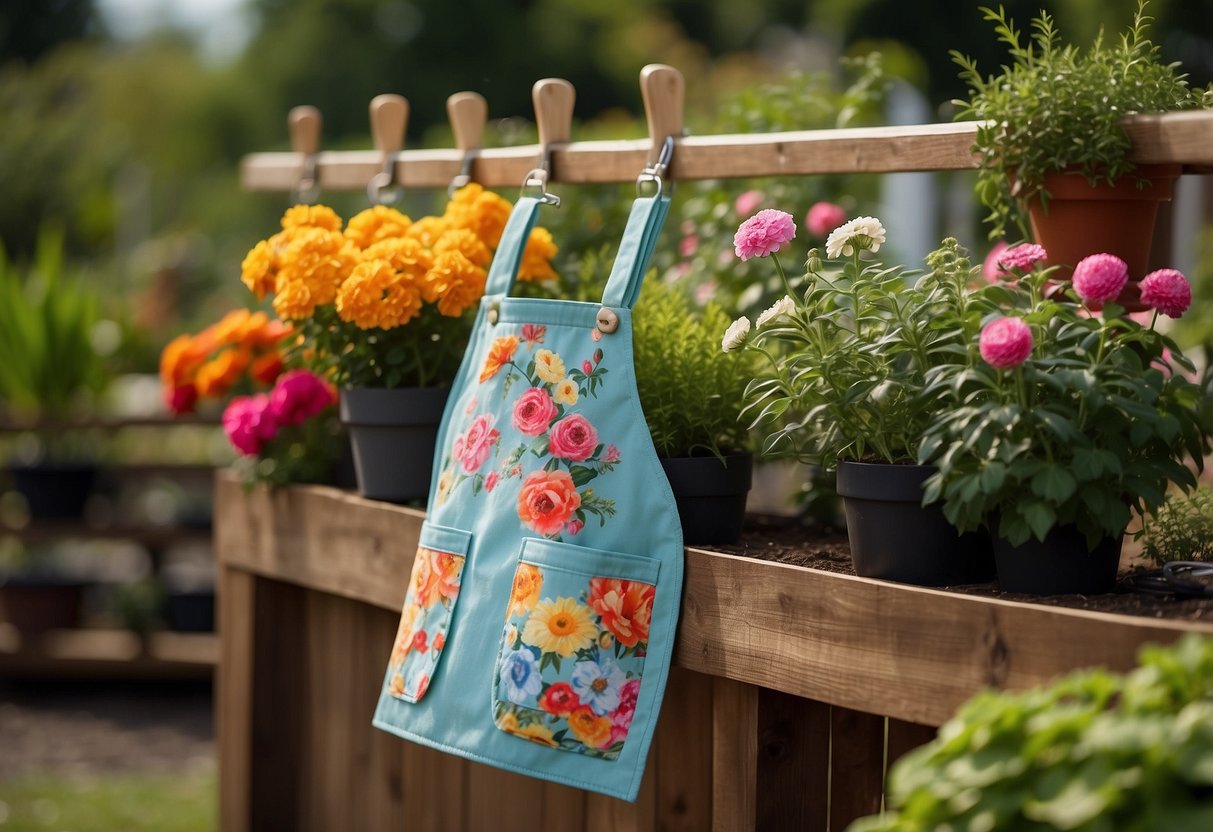 A colorful garden apron hangs on a wooden fence, surrounded by potted plants, gardening tools, and a personalized gift tag