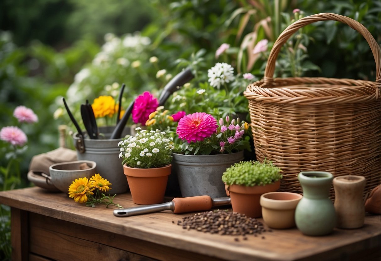 A colorful array of gardening tools, seeds, and decorative pots arranged in a wicker basket, with a backdrop of blooming flowers and lush greenery