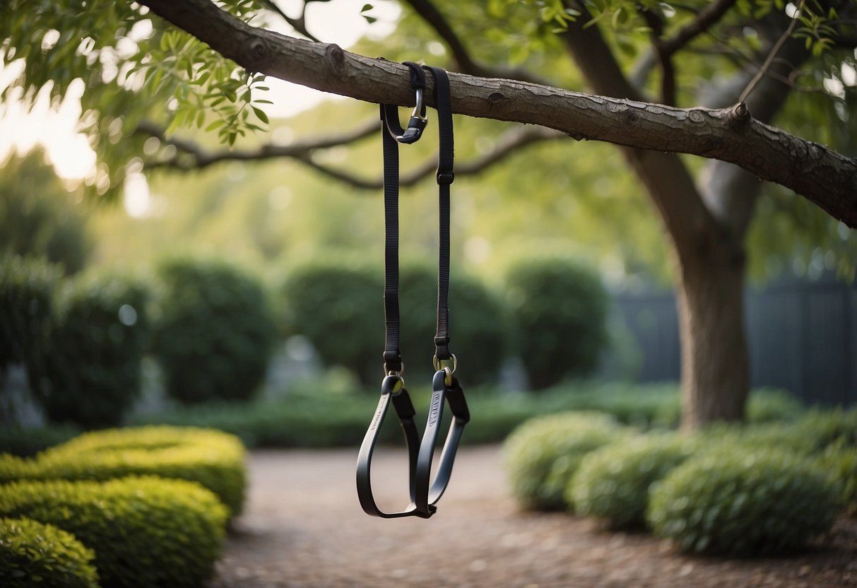 A garden with a sturdy tree branch, equipped with a suspension trainer. Surrounding plants and natural elements create a serene outdoor workout space