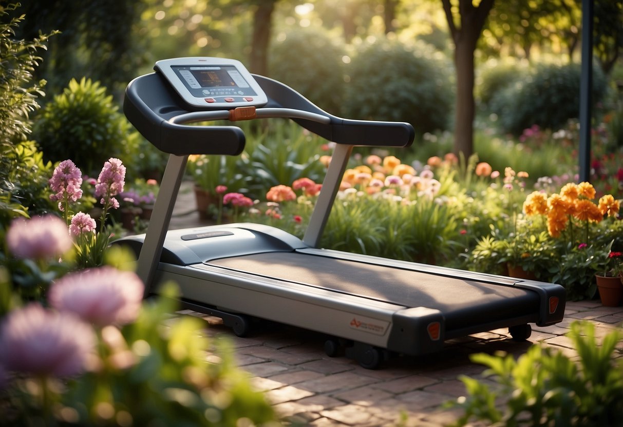 A foldable treadmill sits in a lush garden, surrounded by colorful flowers and greenery. The sun shines down, casting a warm glow over the serene outdoor gym space