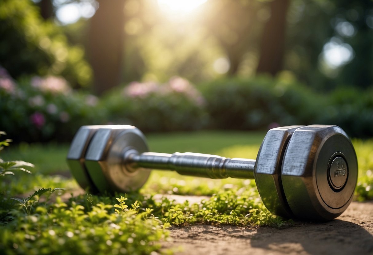 A serene garden setting with adjustable dumbbells placed on a clean, flat surface surrounded by lush greenery and natural sunlight