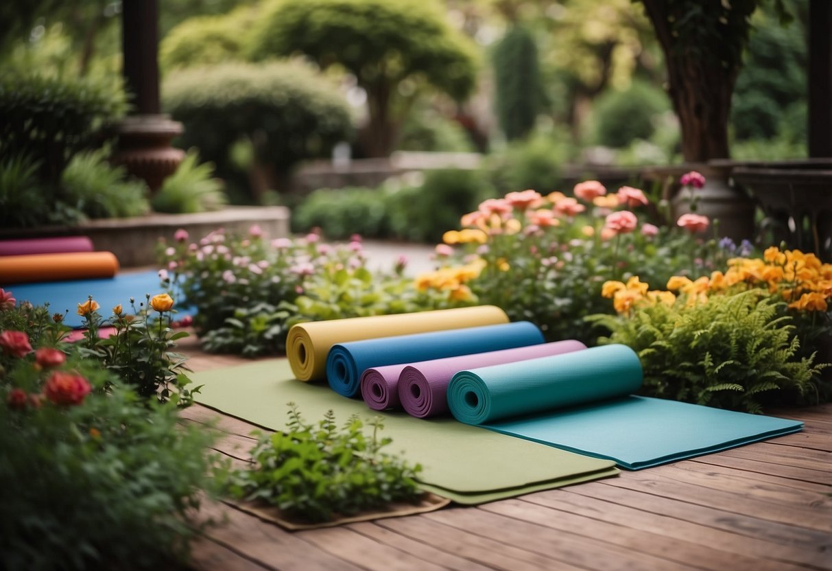 A serene garden setting with neatly arranged yoga mats, each with alignment markers, surrounded by lush greenery and blooming flowers