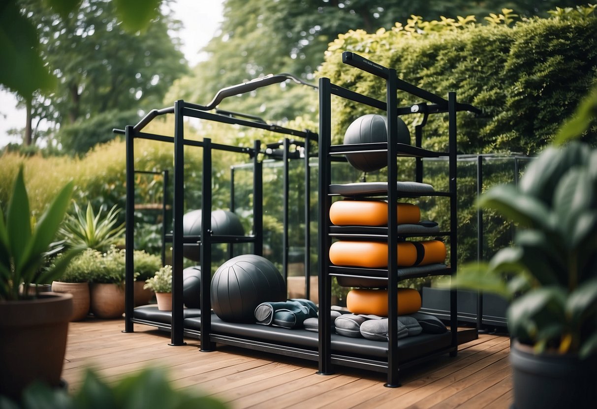 A spacious garden with modular storage organizers neatly holding gym equipment, surrounded by lush greenery and natural light