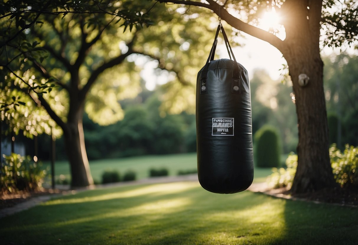 A punching bag hangs from a sturdy tree branch in a lush garden. Surrounding it are exercise mats, weights, and a water bottle, creating a peaceful outdoor gym space