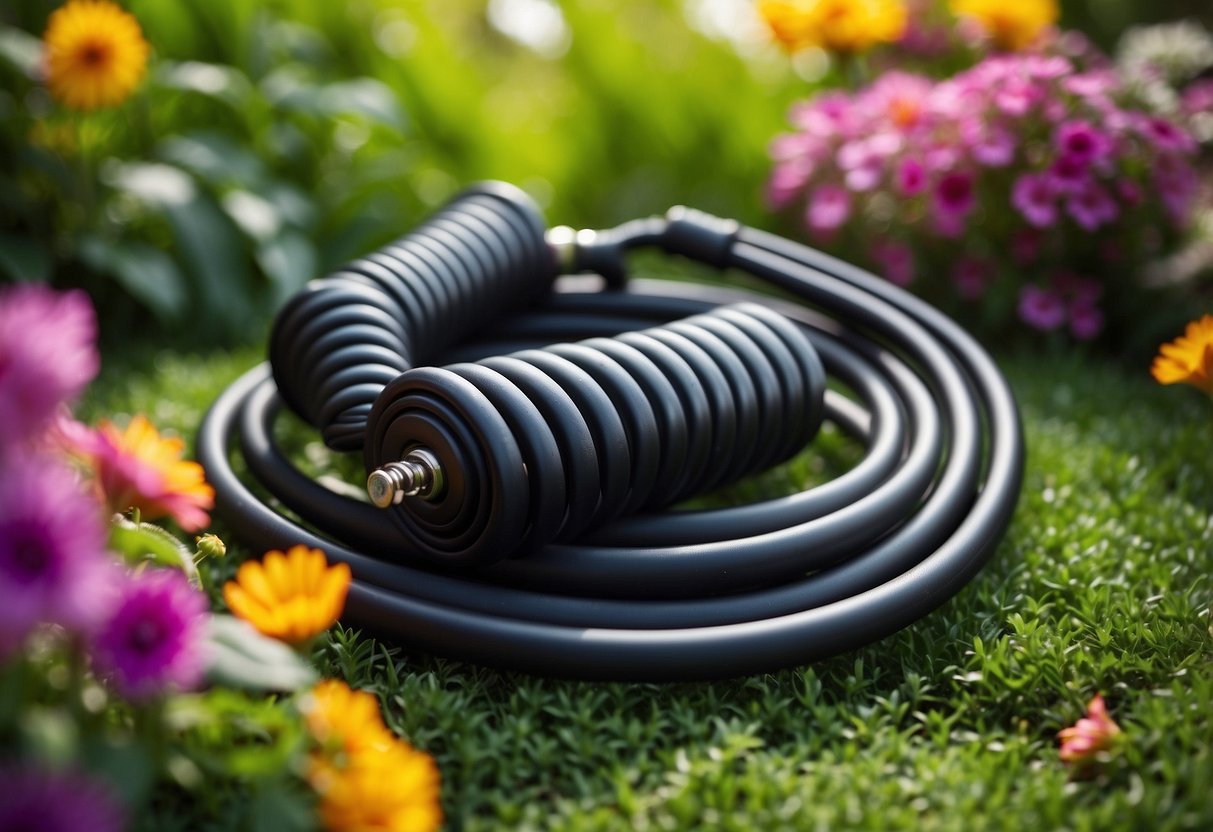 A weighted jump rope lies coiled on the grass in a lush garden gym setting, surrounded by vibrant flowers and greenery