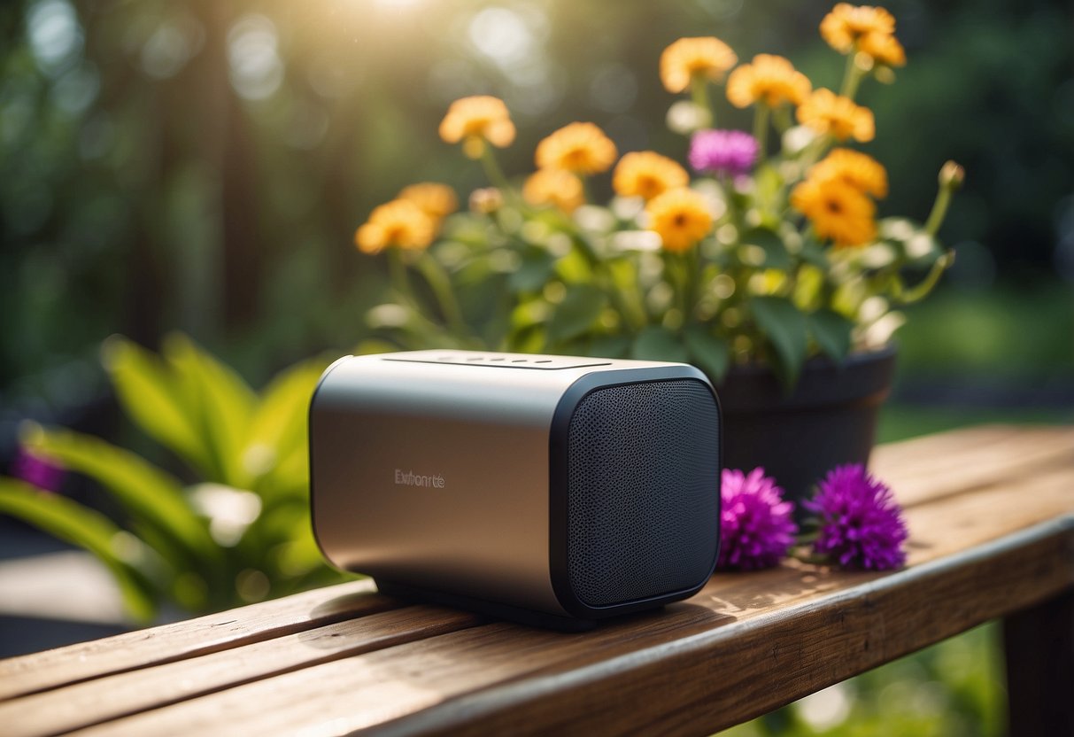 A waterproof Bluetooth speaker sits on a garden gym bench, surrounded by lush greenery and colorful flowers, with the sun shining overhead