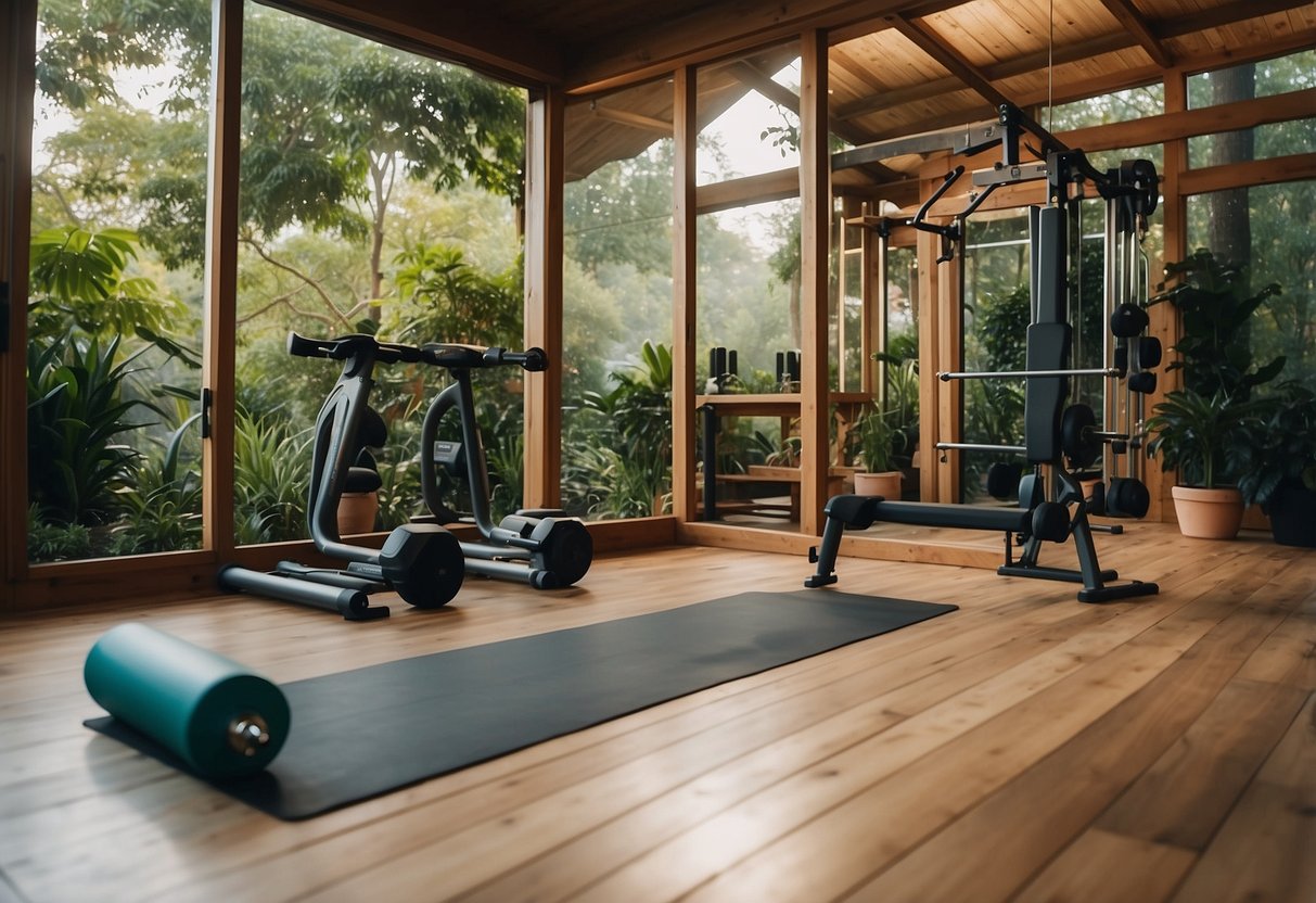 A garden gym with a wooden deck, surrounded by lush greenery, featuring a yoga mat, dumbbells, and a resistance band