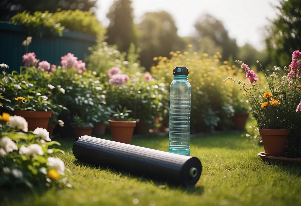 A garden gym with a yoga mat, dumbbells, resistance bands, and a water bottle on a grassy area surrounded by plants and flowers