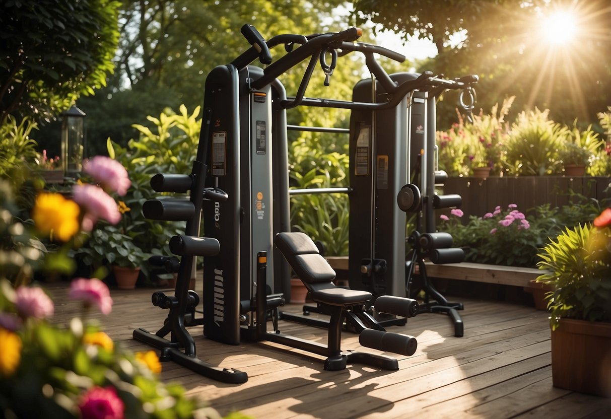 A compact multi gym sits in a lush garden setting, surrounded by vibrant greenery and colorful flowers. The sun shines down, casting a warm glow over the outdoor workout space