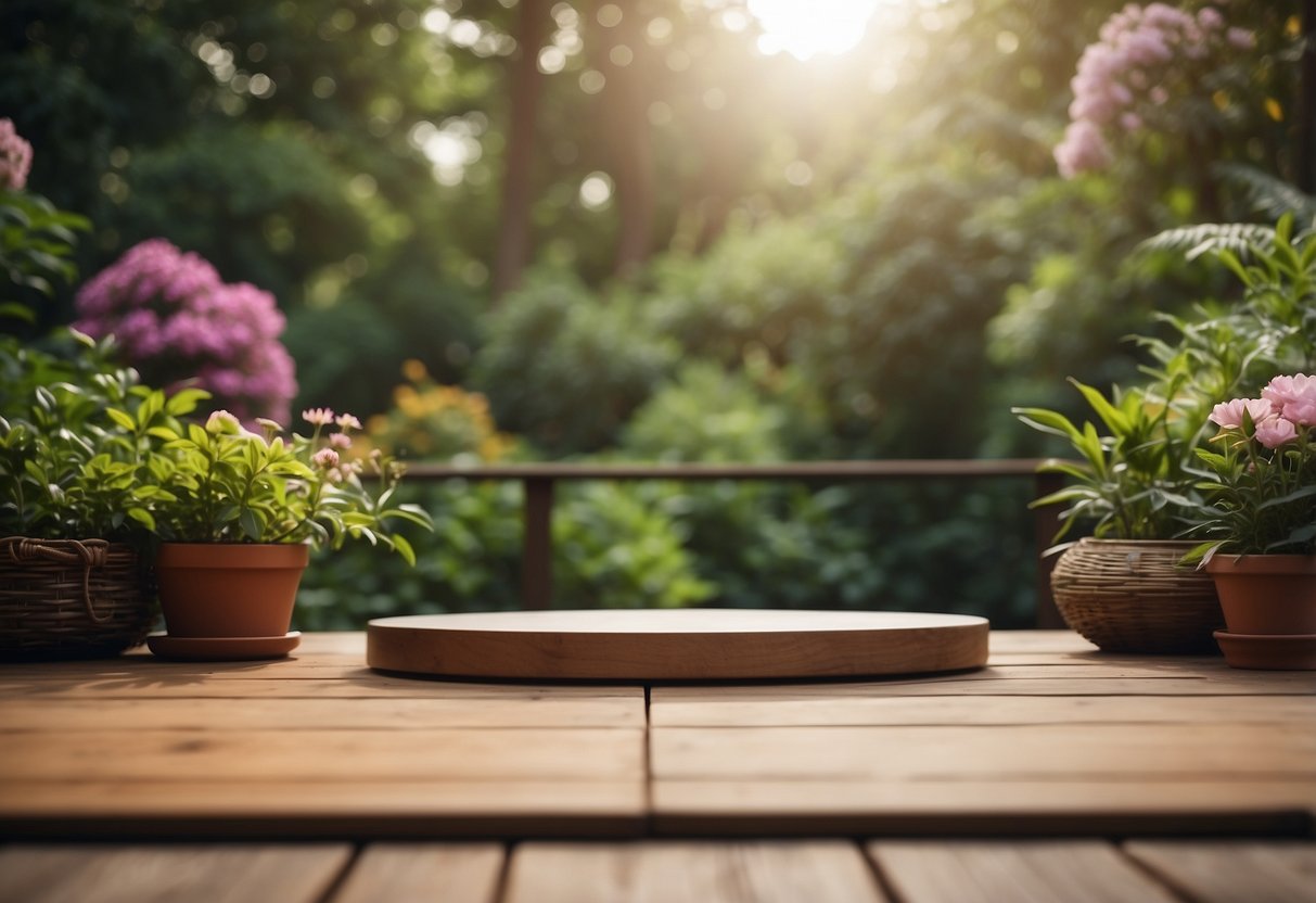 A serene garden yoga deck with lush greenery, a wooden platform, and yoga mats. The deck is surrounded by blooming flowers and tall trees, creating a peaceful and tranquil atmosphere