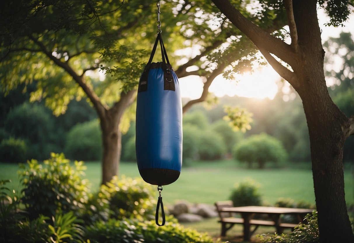 A portable punching bag hangs from a sturdy tree branch in a lush garden gym. The bag sways gently in the breeze, surrounded by vibrant greenery