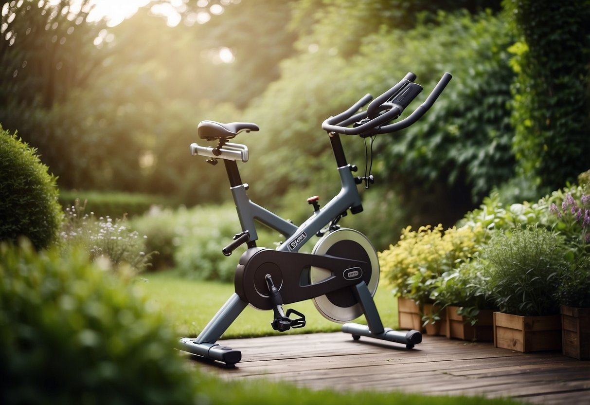 A weatherproof spin bike sits in a lush garden gym in the UK, surrounded by greenery and natural light