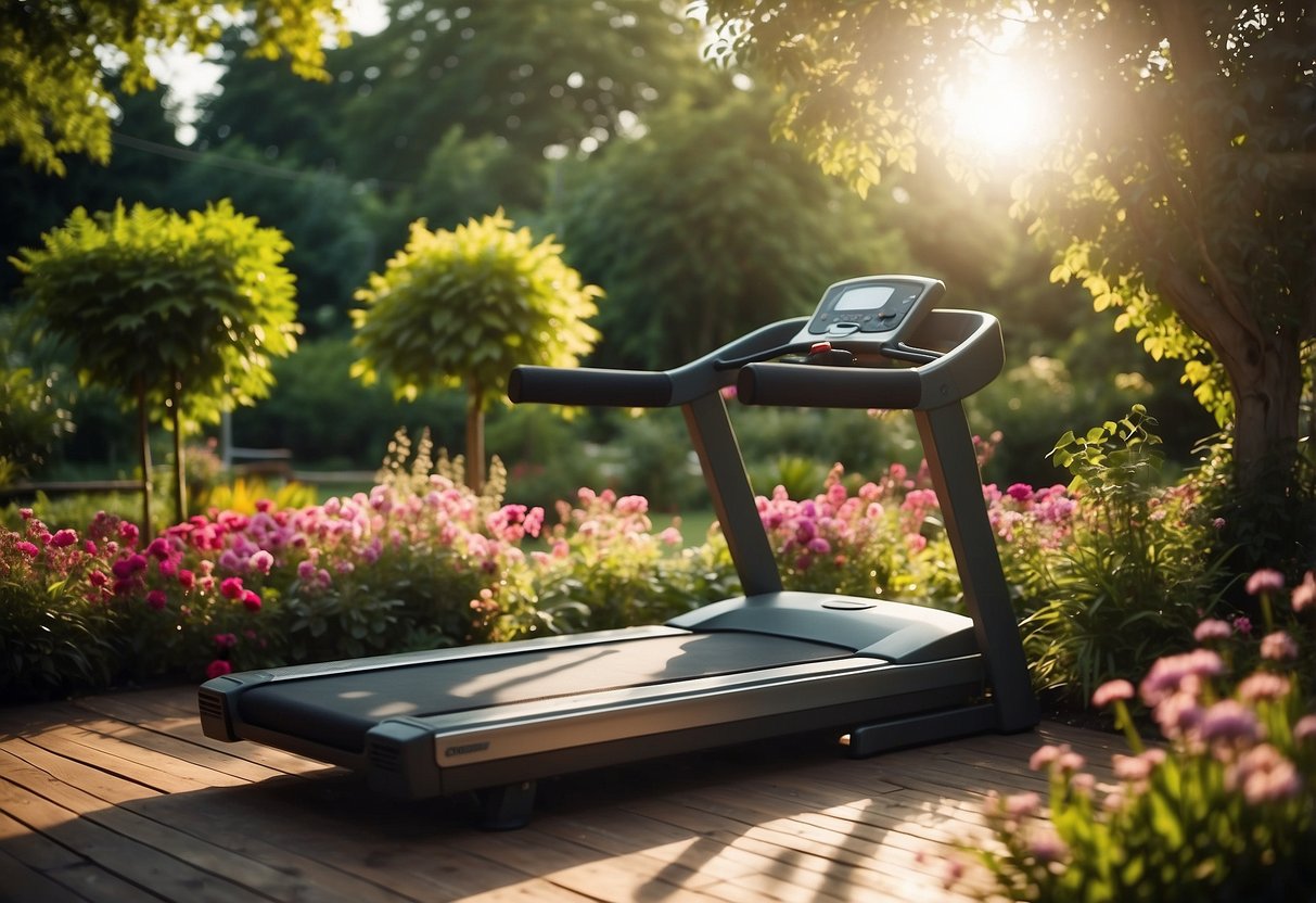 A foldable treadmill sits in a lush garden, surrounded by colorful flowers and greenery. The sun shines down, casting a warm glow over the serene outdoor gym space