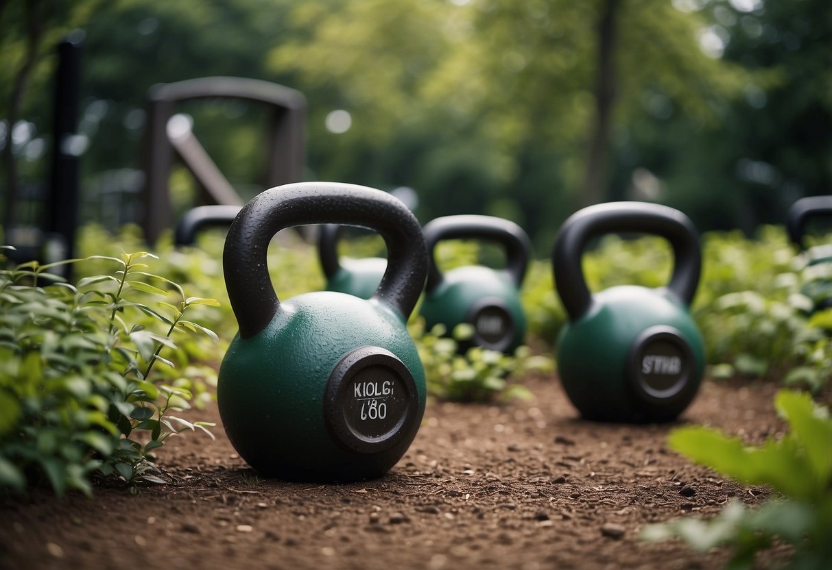 A garden with rustproof kettlebells scattered on the ground, surrounded by lush greenery and outdoor gym equipment