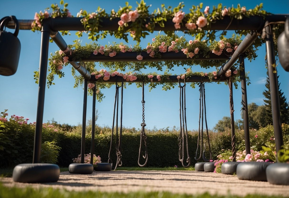 A garden gym with battle ropes set up outdoors, surrounded by lush greenery and flowers, with a clear blue sky overhead