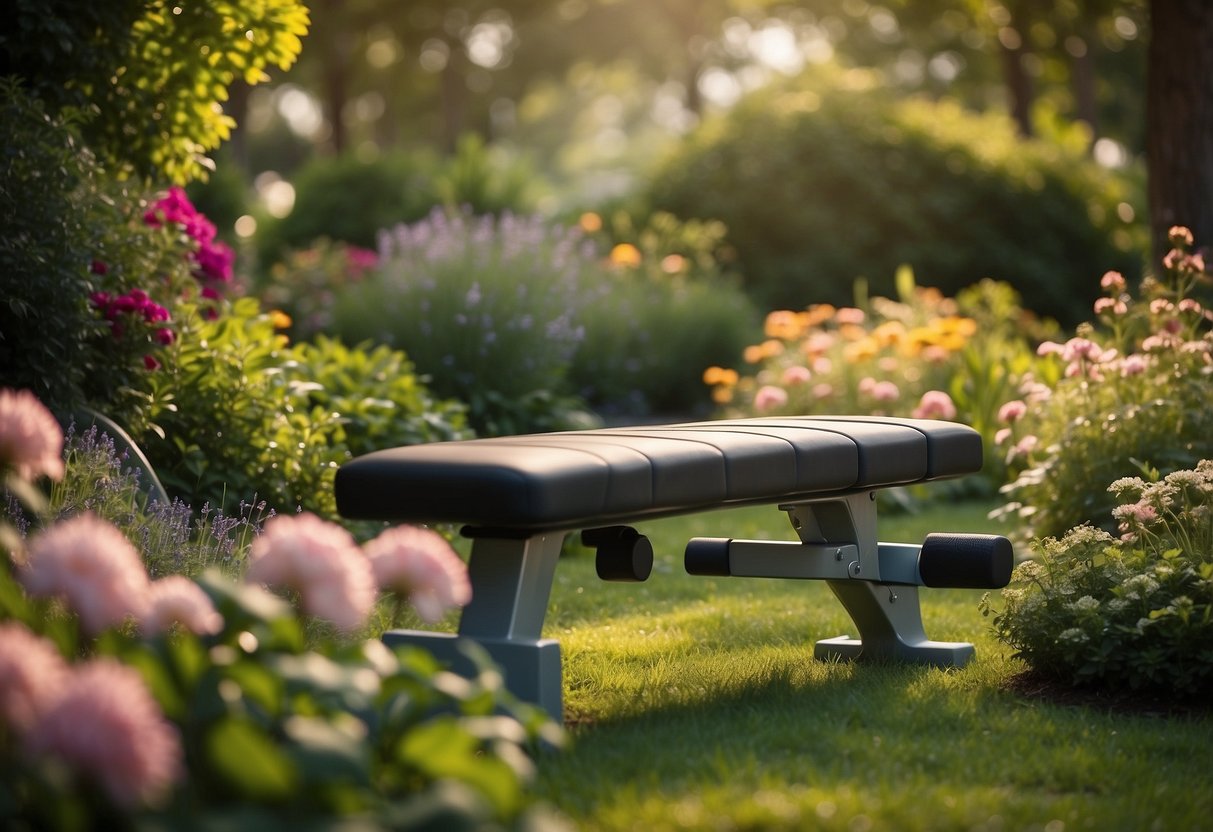 An adjustable weight bench sits in a lush garden setting, surrounded by vibrant flowers and greenery. The bench is positioned to take advantage of the natural beauty, offering a serene and invigorating workout space