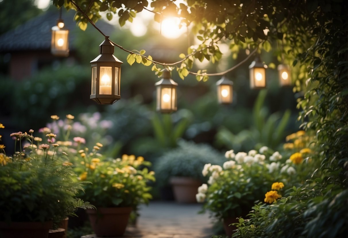 A garden with hanging lanterns casting warm light on lush plants and flowers