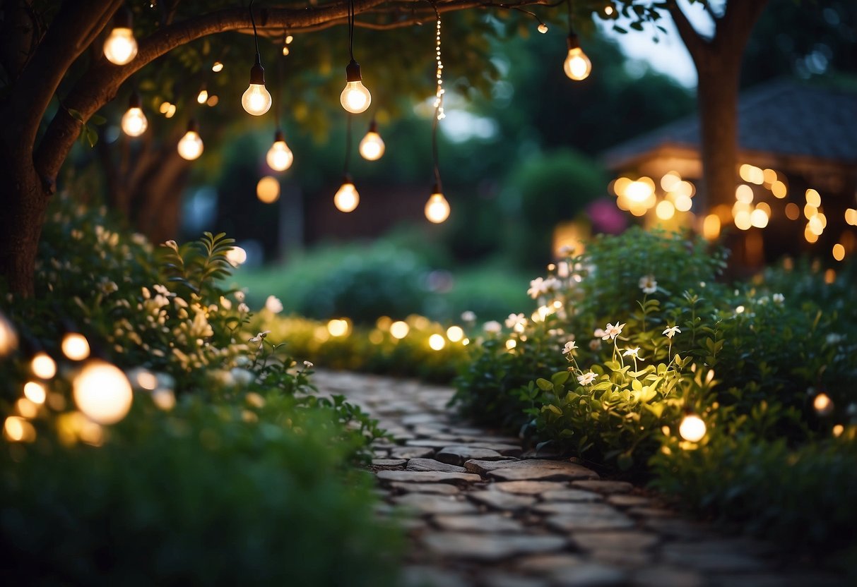 A garden at night, adorned with battery-operated fairy lights, casting a warm and enchanting glow on the foliage and pathways