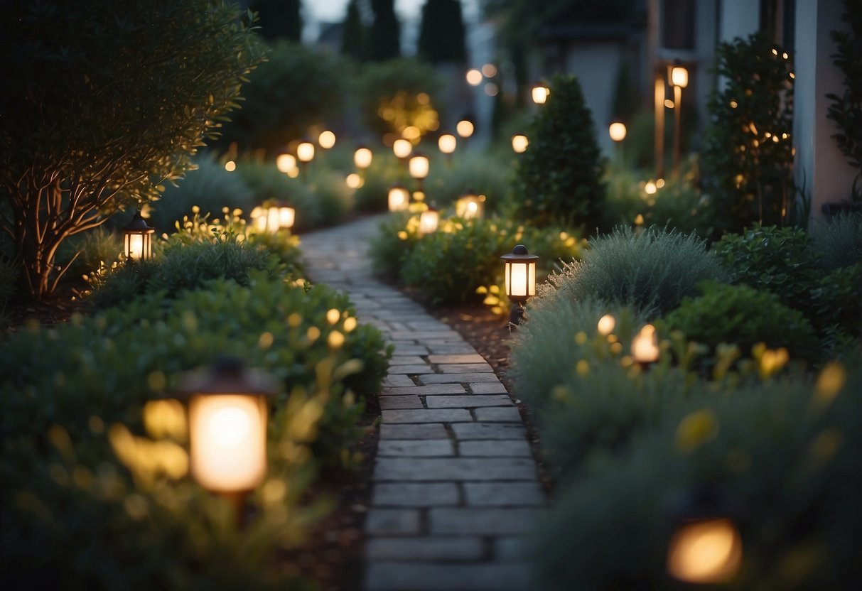 A garden is illuminated by soft, warm lights, casting a gentle glow on the foliage and pathways, creating a cozy and inviting atmosphere