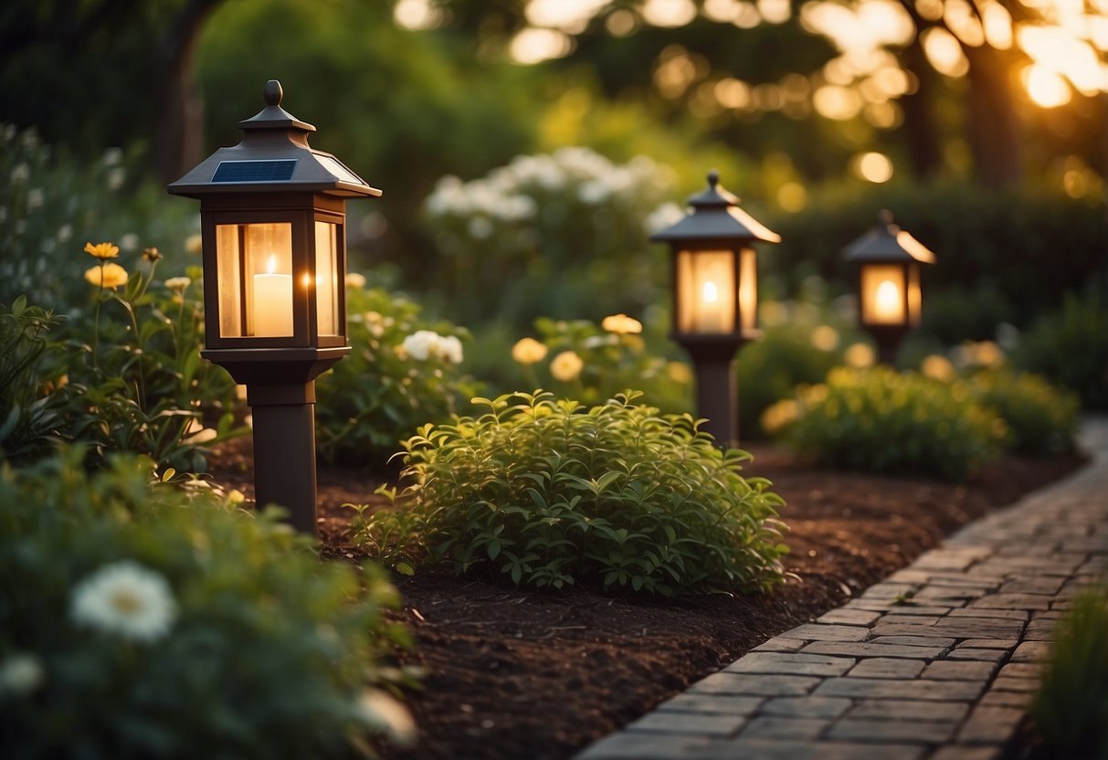 A garden with solar-powered lanterns casting a warm glow on pathways and highlighting plants, creating a cozy and sustainable outdoor lighting option