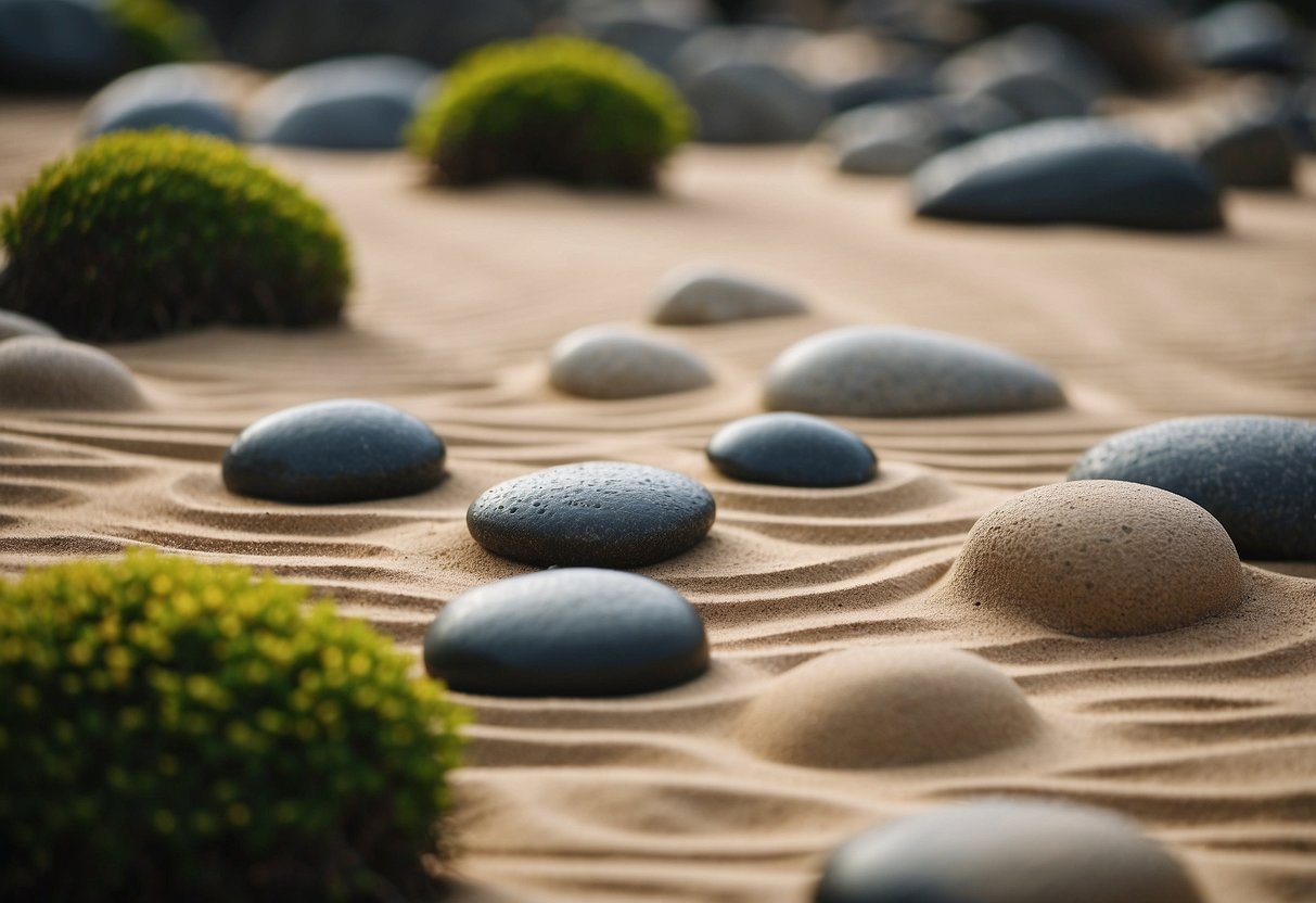 A serene Japanese sand garden with raked patterns, rocks, and a minimalist aesthetic