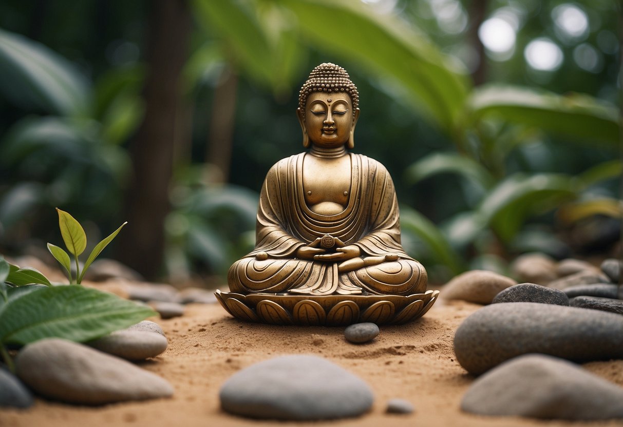 A serene Buddha statue sits at the center of a meticulously raked sand garden, surrounded by carefully placed rocks and lush greenery