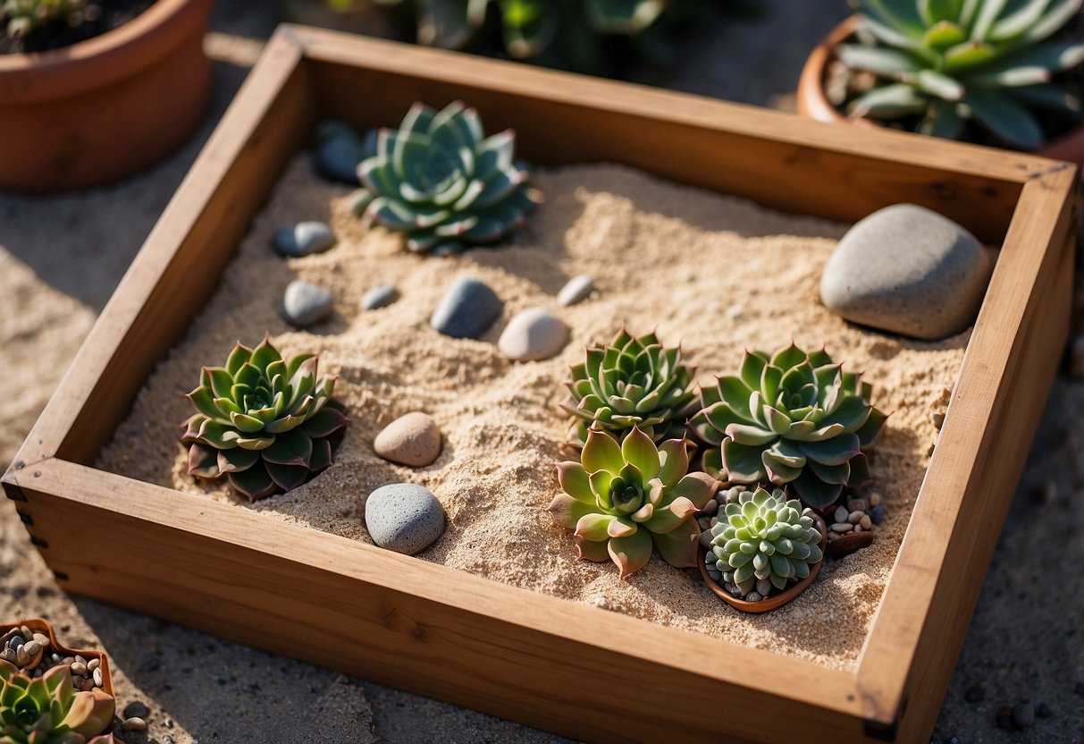 A wooden box filled with smooth sand, raked into intricate patterns. Small rocks and succulents placed strategically around the garden