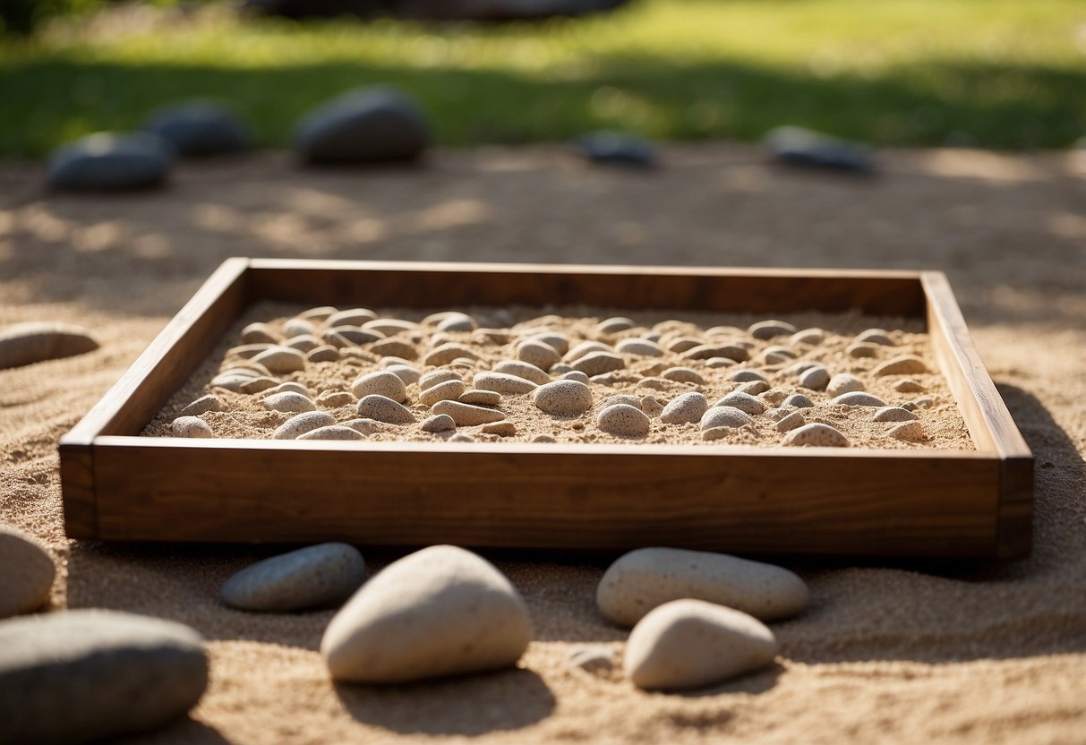 A wooden sand tray sits in a peaceful garden, with raked patterns in the sand and small rocks arranged in a serene design