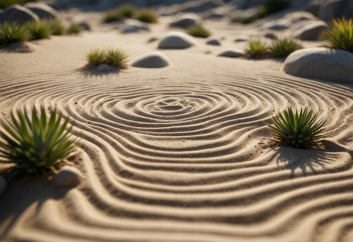 A serene sand garden with neatly raked patterns, surrounded by carefully placed rocks and small plants for a tranquil and minimalist aesthetic