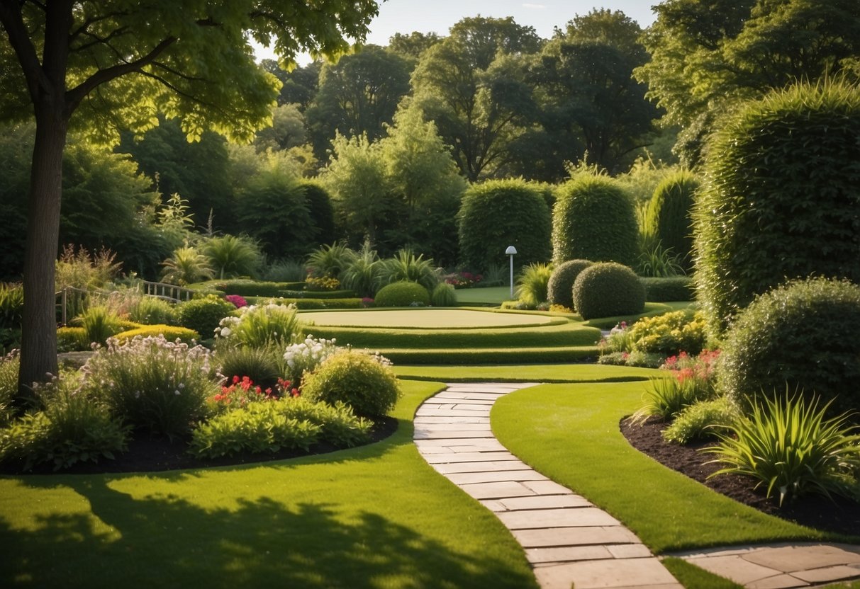 A lush, well-manicured garden with a variety of grass types. A putting green is nestled among the vibrant greenery, creating a peaceful and inviting outdoor space