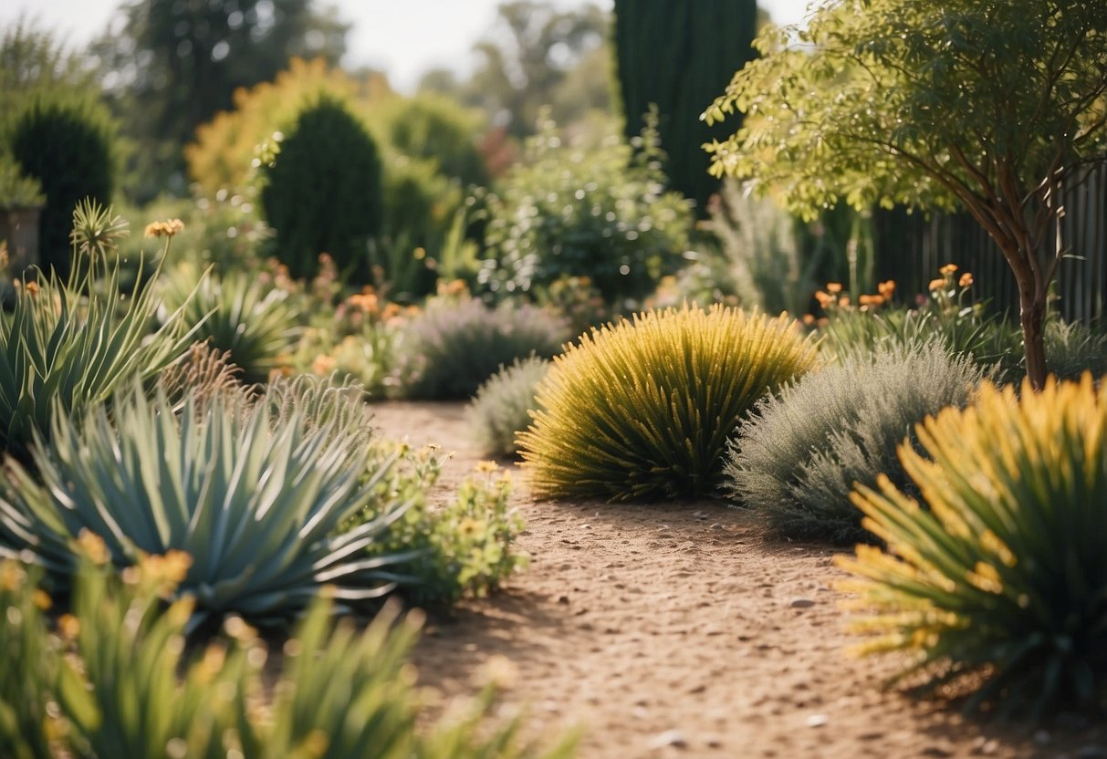 A garden with drought-resistant plants, featuring a variety of greenery and landscaping ideas