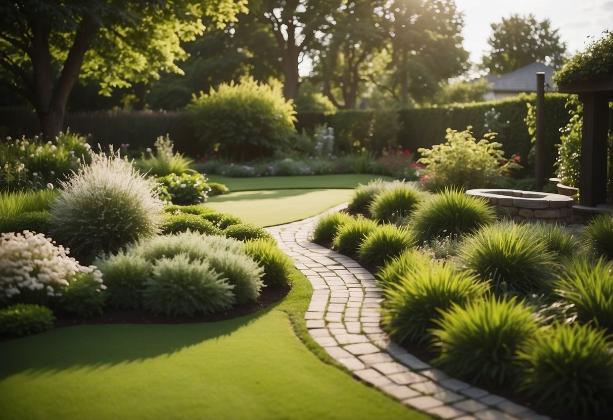 A lush garden with a putting green surrounded by eco-friendly lawn alternatives like clover, moss, and ornamental grasses