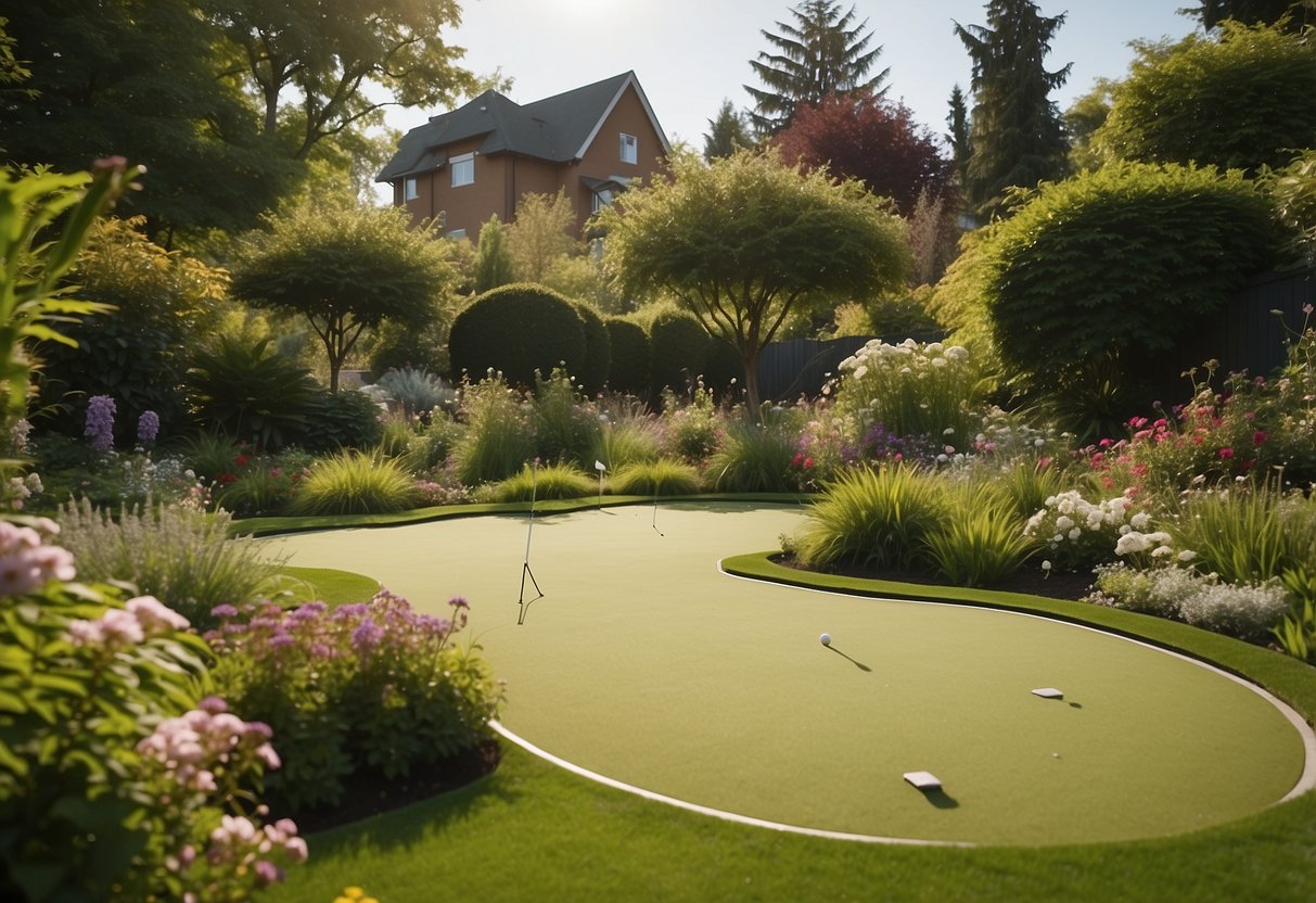 A lush green garden with a putting green, surrounded by blooming flowers and healthy plants, all protected by natural lawn pesticides