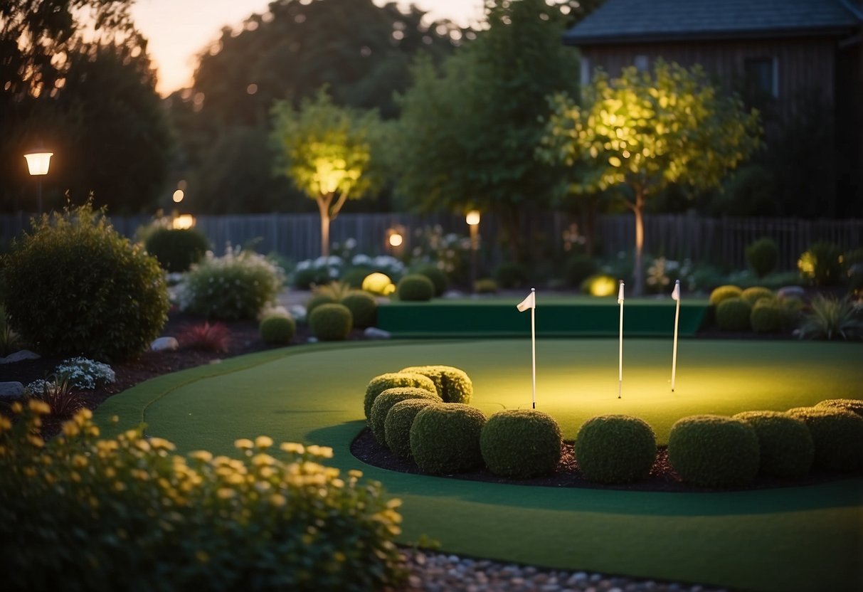 A garden putting green illuminated by outdoor lighting solutions