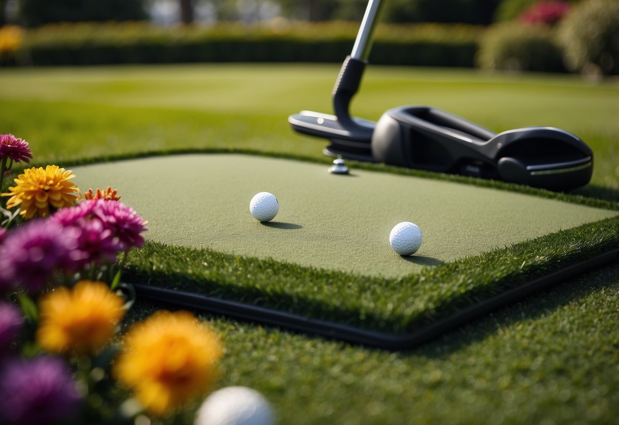 A portable putting green kit sits on a lush backyard lawn, surrounded by neatly trimmed hedges and colorful flowers. A set of golf clubs and balls are arranged nearby, ready for use