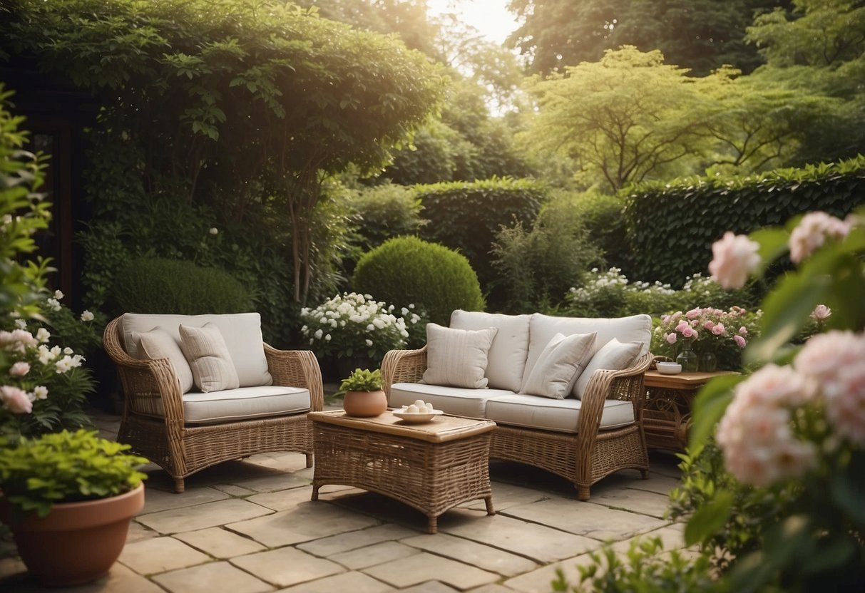 A wicker patio set sits in a lush garden, surrounded by blooming flowers and greenery. The seating area is inviting and peaceful, perfect for enjoying the outdoors