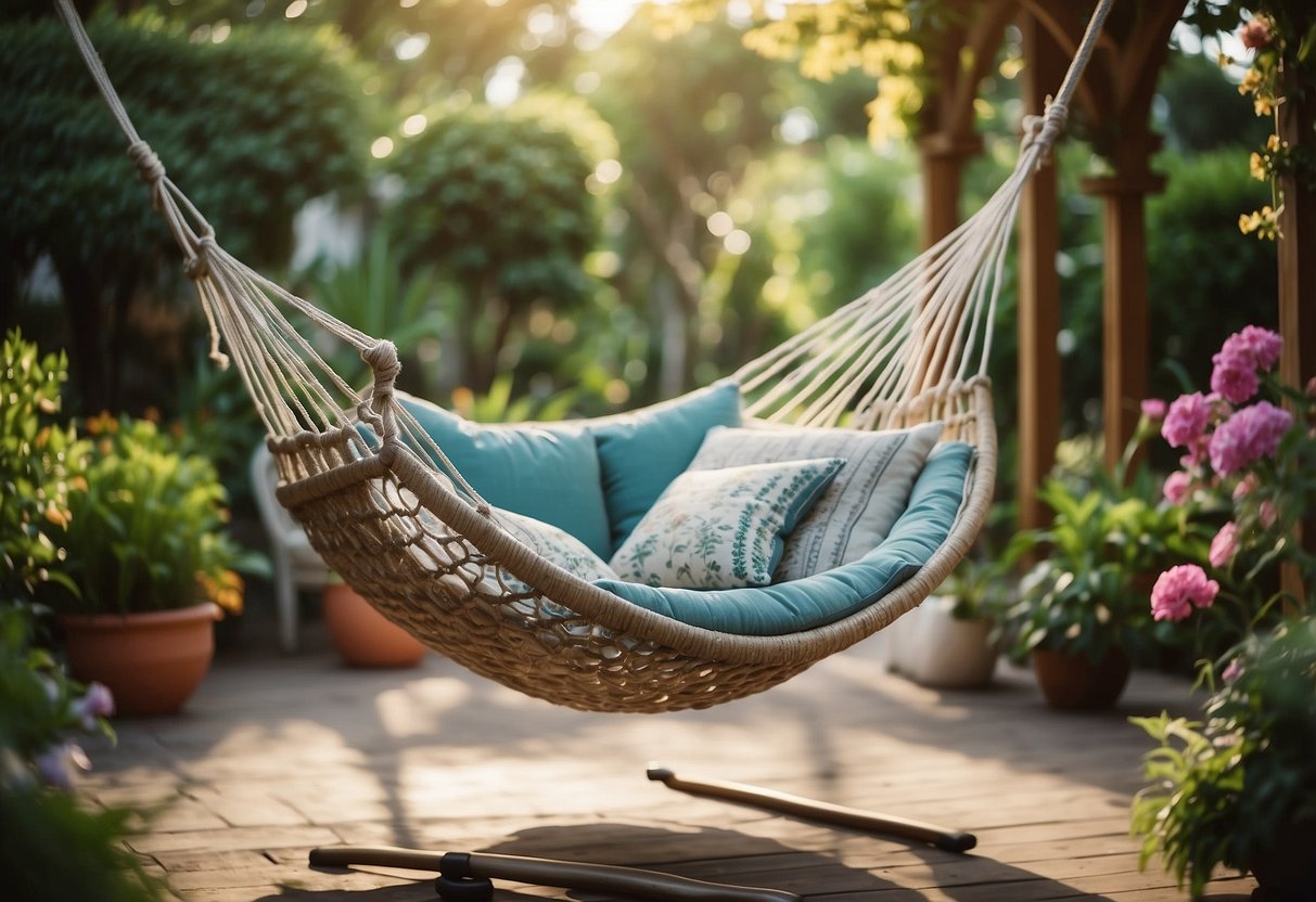 A hammock chair swings gently in a lush garden, surrounded by colorful flowers and greenery. The seating area is cozy and inviting, perfect for relaxation and enjoying the serene outdoor space