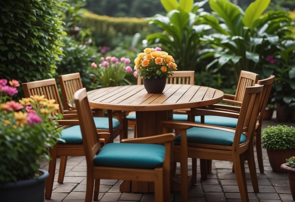 A teak garden table surrounded by chairs, set in a lush green garden with colorful flowers and potted plants