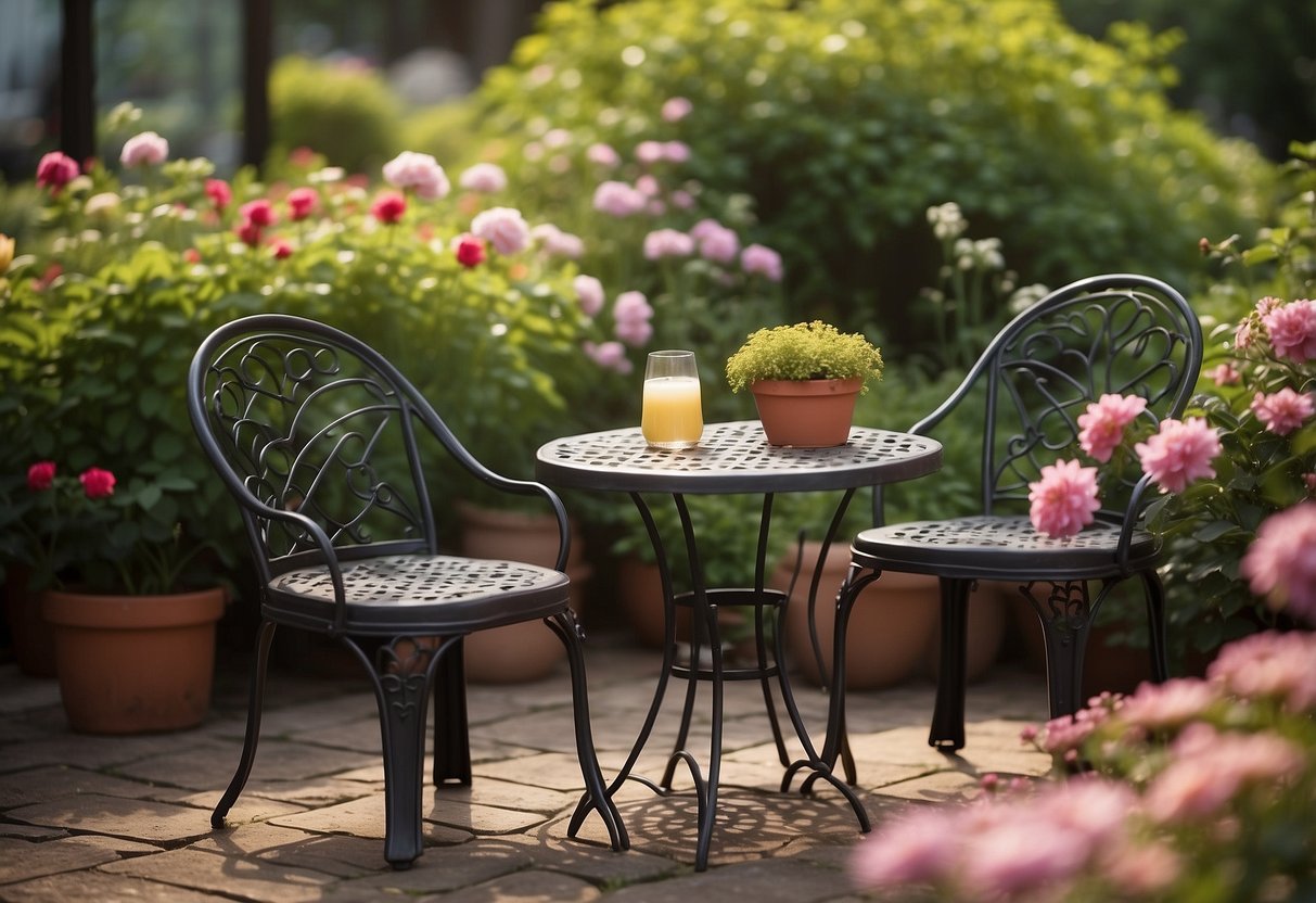 A cozy iron bistro set nestled in a lush garden, surrounded by blooming flowers and greenery, creating a tranquil and inviting seating area