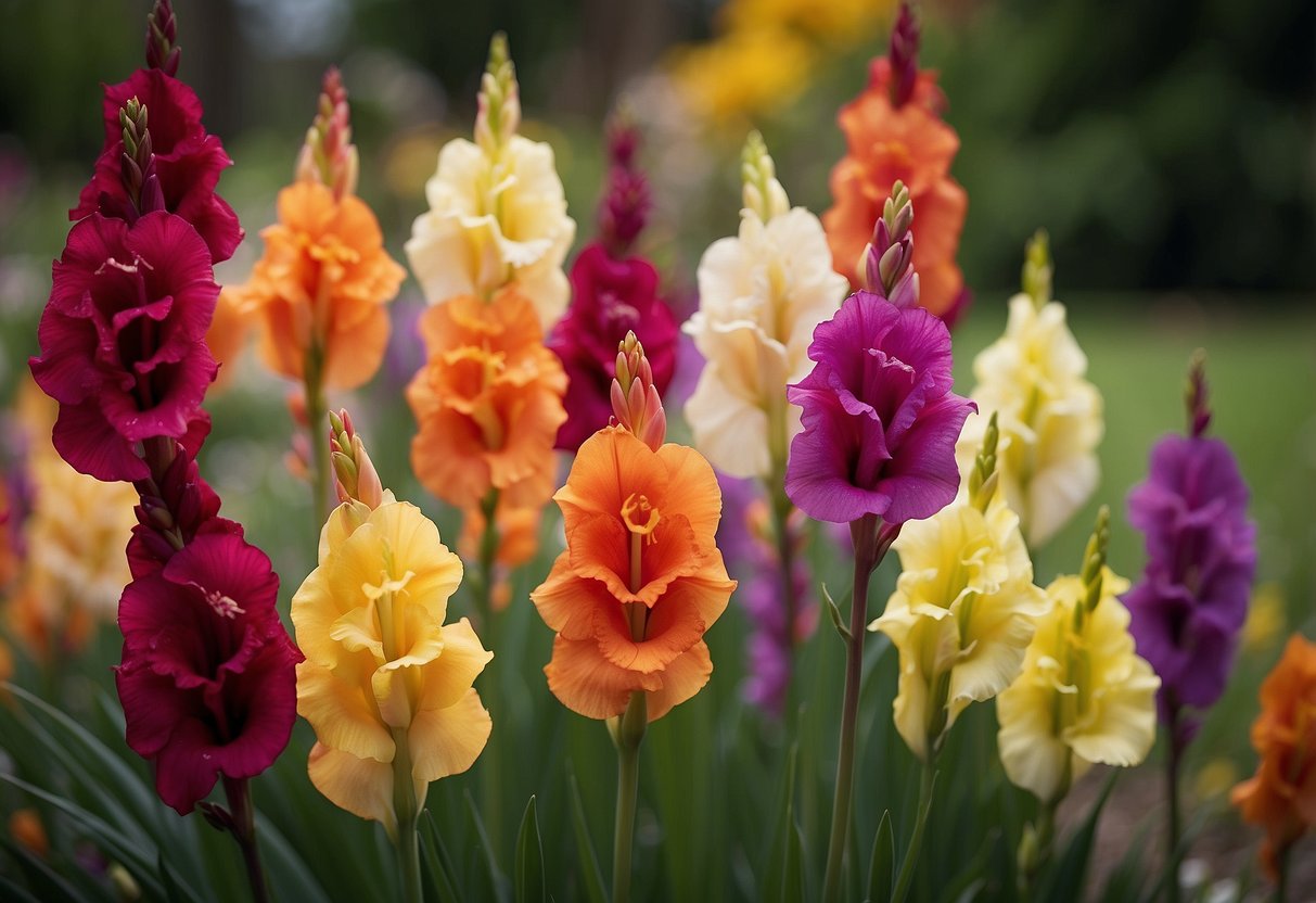 A vibrant bed of gladiolus flowers forms a rainbow of colors, from deep reds to bright yellows and soft purples, creating a stunning garden display