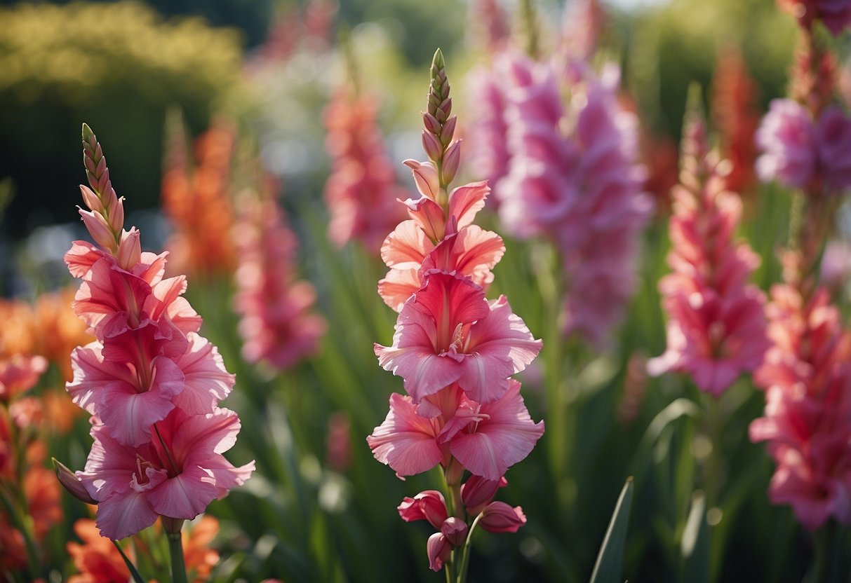 A vibrant gladiolus garden with tall, vertical walls of colorful flowers reaching towards the sky