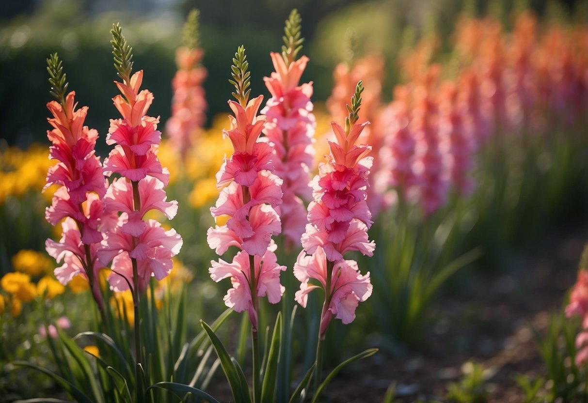 Vibrant gladiolus flowers fencing a garden, creating a colorful and lively border